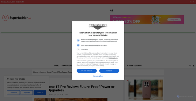 Security scan screenshot of https://www.superfashion.us/iphone-17-pro-review/