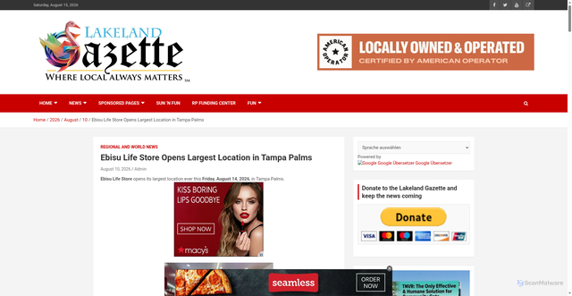 Security scan screenshot of https://lakelandgazette.info/news/2026/08/10/ebisu-life-store-opens-largest-location-in-tampa-palms/