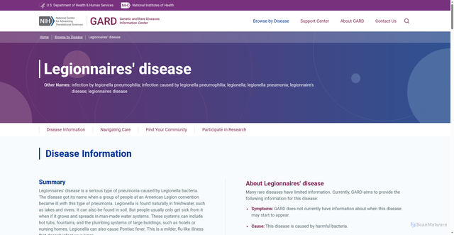 Security scan screenshot of https://rarediseases.info.nih.gov/diseases/24237/legionnaires-disease