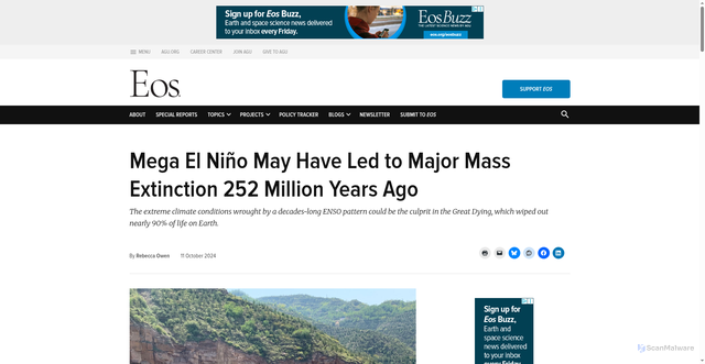Security scan screenshot of https://eos.org/articles/mega-el-nino-may-have-led-to-major-mass-extinction-252-million-years-ago