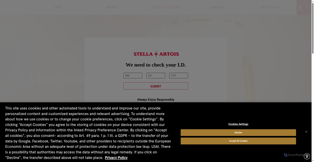 Security scan screenshot of https://www.stellaartois.com/