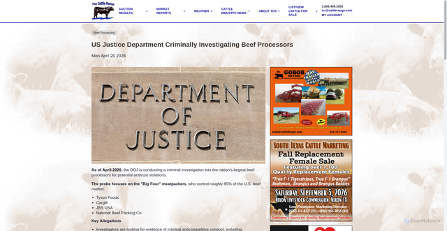 Security scan screenshot of https://www.cattlerange.com/articles/2026/04/us-justice-department-criminally-investigating-beef-processors