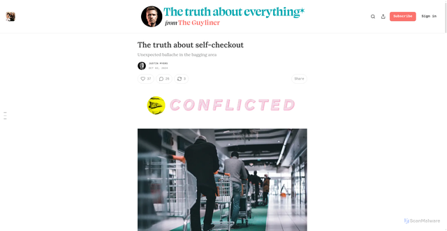 Security scan screenshot of https://theguyliner.substack.com/p/the-truth-about-self-checkout