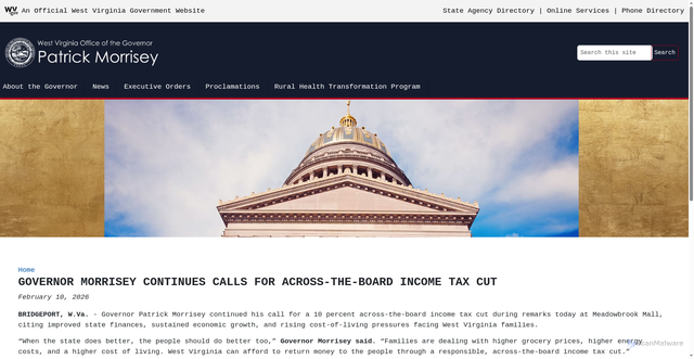 Security scan screenshot of https://governor.wv.gov/article/governor-morrisey-continues-calls-across-board-income-tax-cut