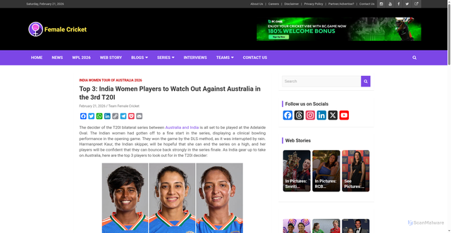 Security scan screenshot of https://femalecricket.com/india-women-tour-of-australia-2026/84093-top-3-india-women-players-to-watch-out-against-australia-in-the-3rd-t20i.html