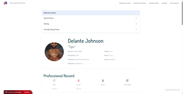 Security scan screenshot of https://boxingshowtimes.com/boxers/delante-tiger-johnson