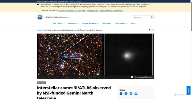 Security scan screenshot of https://www.nsf.gov/news/interstellar-comet-3iatlas-observed-nsf-funded-gemini-north