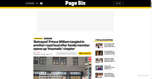 Security scan screenshot of https://pagesix.com/2026/09/29/royal-family/betrayed-prince-william-tangled-in-another-royal-family-feud/