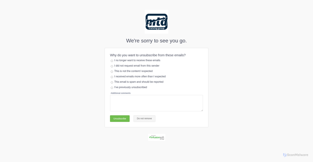 Security scan screenshot of https://cw292.infusionsoft.com/app/optOut/noConfirm/67141128/4421dee8d25e20f1