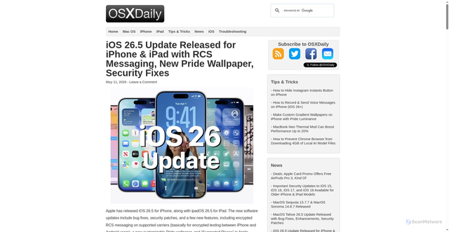 Security scan screenshot of https://osxdaily.com/2026/05/11/ios-26-5-update-released-for-iphone-ipad/