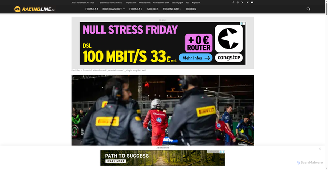 Security scan screenshot of https://racingline.hu/forma-1/ferrari-hamilton-elromlott-surgos-vizsgalat/2025/11/26/