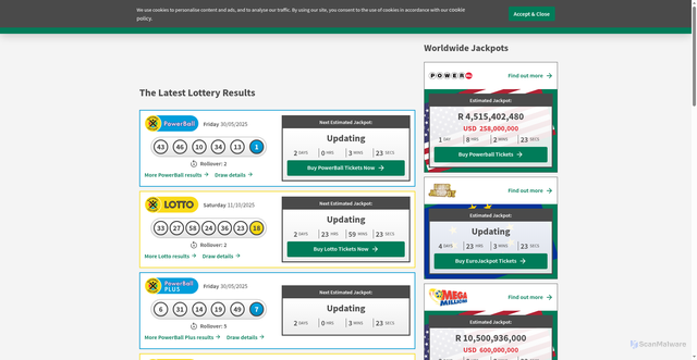 Security scan screenshot of https://www.lotteryresults.co.za/