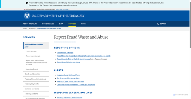 Security scan screenshot of https://home.treasury.gov/services/report-fraud-waste-and-abuse