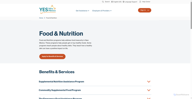 Security scan screenshot of https://yes.nm.gov/nmhr/s/yesnm-food-and-nutrition?language=en_US