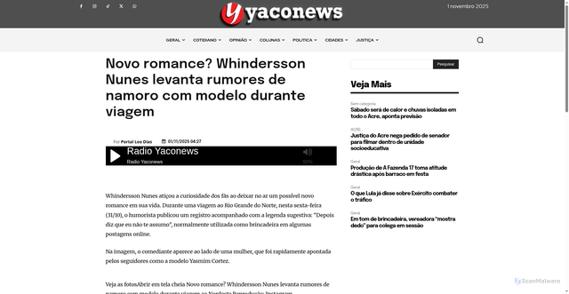 Security scan screenshot of https://yaconews.com/2025/11/novo-romance-whindersson-nunes-levanta-rumores-de-namoro-com-modelo-durante-viagem/