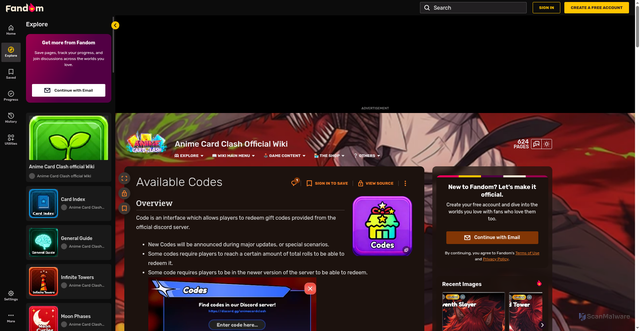 Security scan screenshot of https://anime-card-clash-official.fandom.com/wiki/Available_Codes