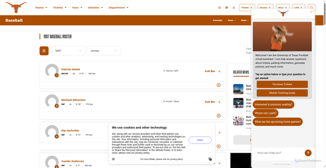 Security scan screenshot of https://texaslonghorns.com/sports/baseball/roster/1997