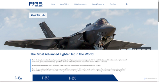 Security scan screenshot of https://www.f35.com/f35/about.html