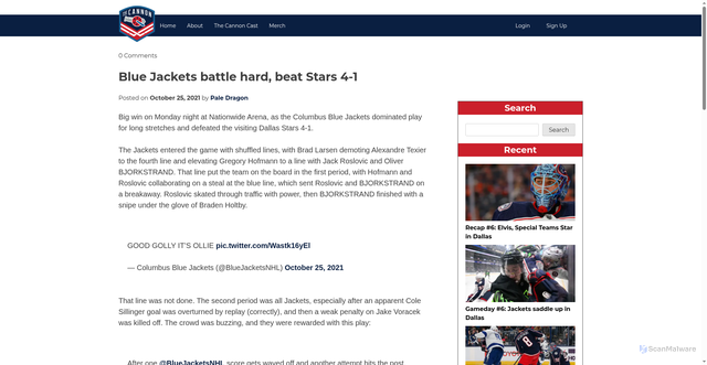 Security scan screenshot of https://www.jacketscannon.com/recap-columbus-blue-jackets-battle-hard-beat-dallas-stars-4-1/