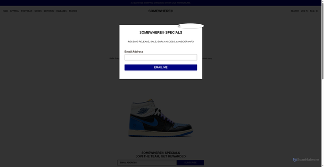 Security scan screenshot of https://somewhereofficial.com/blogs/releases/02-18-26-jordan-x-union-x-fragment-air-jordan-1-retro-hi-og-sp-black-navy?srsltid=AfmBOooj9bSR5E-ycaJb0I0x9tX2MVv0B-R7ugbvog0_ZweaNRaG5WfZ