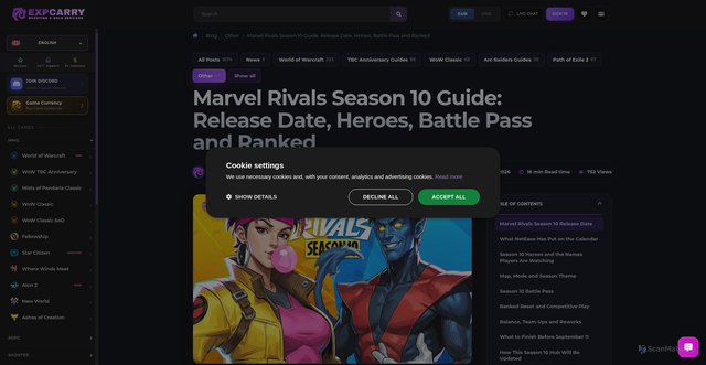 Security scan screenshot of https://expcarry.com/marvel-rivals-season-10-release-date-new-heroes-battle-pass-ranked