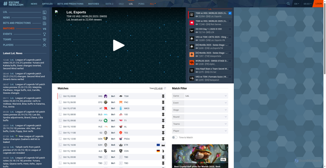 Security scan screenshot of https://escorenews.com/en/lol/matches