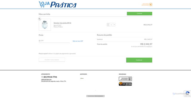 Security scan screenshot of https://loja.praticabr.com/loja/cartService.php?loja=447176&acao=incluir&IdProd=52