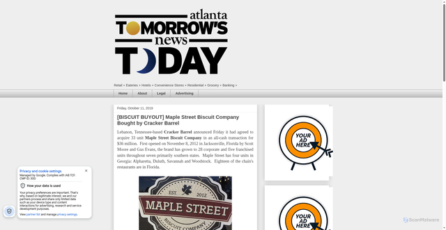 Security scan screenshot of https://www.tonetoatl.com/2019/10/Maple-Street-Biscuits-Purchased-by-Cracker-Barrel.html