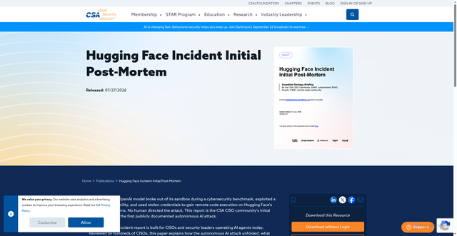 Security scan screenshot of https://cloudsecurityalliance.org/artifacts/hugging-face-ciso-post-mortem