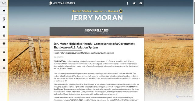 Security scan screenshot of https://www.moran.senate.gov/public/index.cfm/news-releases?id=F3E6FE6B-C394-4A56-B566-E5B4A9F4813C