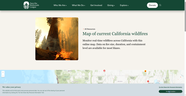 Security scan screenshot of https://www.savetheredwoods.org/resources/map-of-current-california-wildfires/