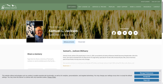 Security scan screenshot of https://www.dokkennelson.com/obituaries/Samuel-L-Jackson?obId=31805269