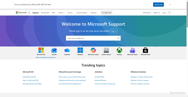Security scan screenshot of https://support.microsoft.com/en-US