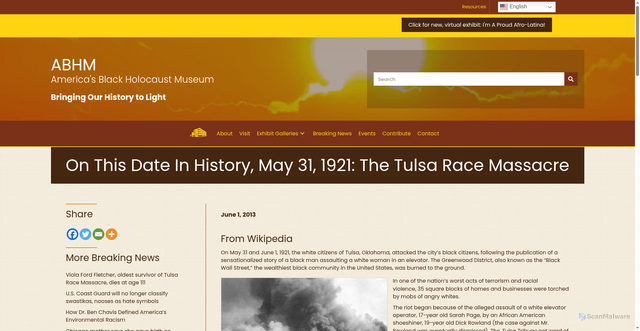 Security scan screenshot of https://www.abhmuseum.org/on-this-date-in-history-may-31-1921-the-tulsa-race-riot/