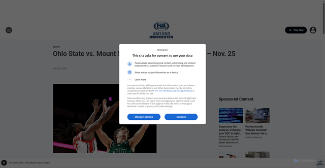 Security scan screenshot of https://foxsports1550.iheart.com/content/2025-11-25-ohio-state-vs-mount-st-marys-time-tv-stream-nov-25/