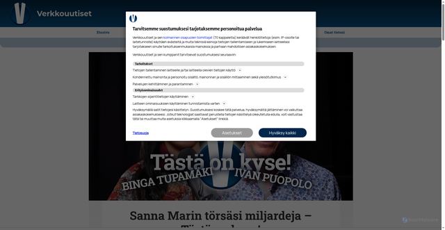 Security scan screenshot of https://www.verkkouutiset.fi/a/sanna-marin-torsasi-miljardeja-tasta-on-kyse/