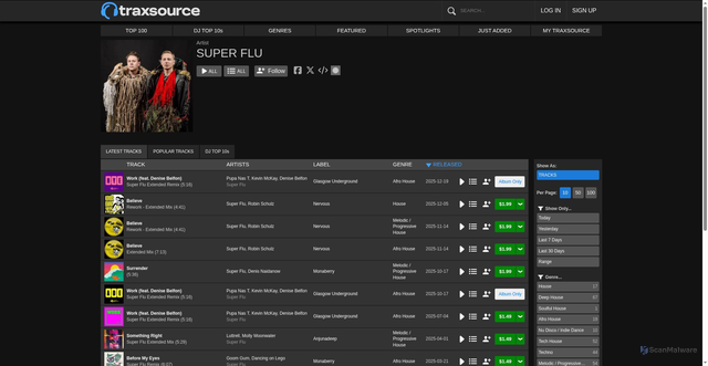 Security scan screenshot of https://www.traxsource.com/artist/4874/super-flu