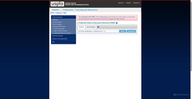 Security scan screenshot of https://tsdr.uspto.gov