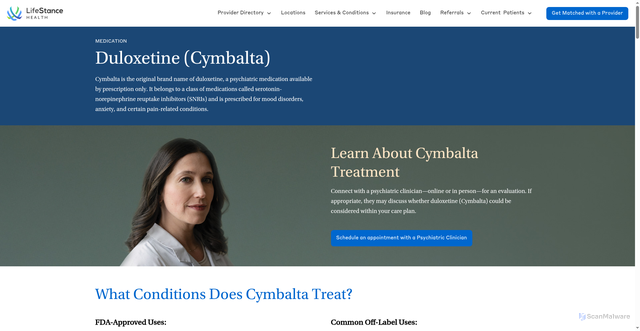 Security scan screenshot of https://lifestance.com/psychiatric-medication/duloxetine-cymbalta/