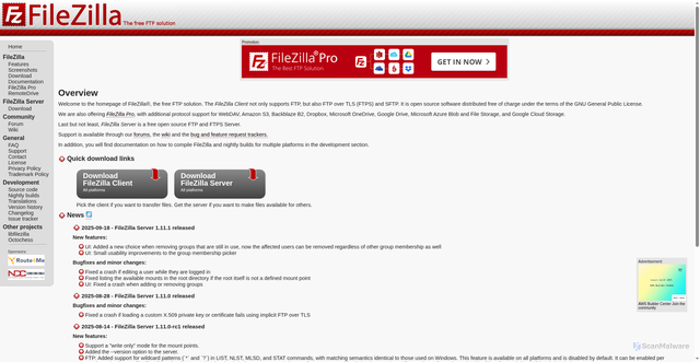 Security scan screenshot of https://filezilla-project.org/