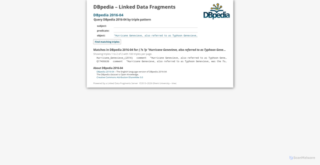 Security scan screenshot of https://fragments.dbpedia.org/2016-04/en?object=%22Hurricane+Genevieve%2C+also+referred+to+as+Typhoon+Genevieve%2C+was+the+fourth-most+intense+tropical+cyclone+of+the+North+Pacific+Ocean+in+2014.+A+long-lasting+system%2C+Genevieve+was+the+first+one+to+track+across+all+three+northern+Pacific+basins+since+Hurricane+Jimena+in+2003.+Genevieve+developed+from+a+tropical+wave+into+the+eighth+tropical+storm+of+the+2014+Pacific+hurricane+season+well+east-southeast+of+Hawaii+on+July+25.%22%40en
