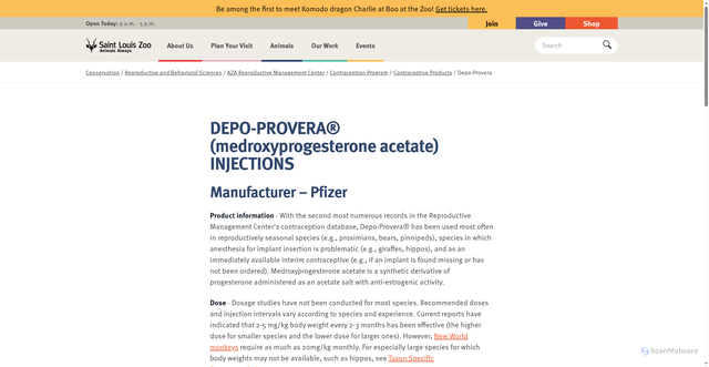 Security scan screenshot of https://stlzoo.org/conservation/reproductive-sciences/aza-reproductive-management-center/contraception-program/contraceptive-products/depo-provera