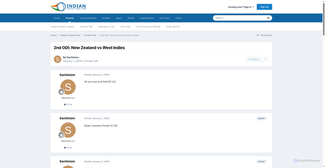 Security scan screenshot of https://www.indiancricketfans.com/topic/16732-2nd-odi-new-zealand-vs-west-indies/