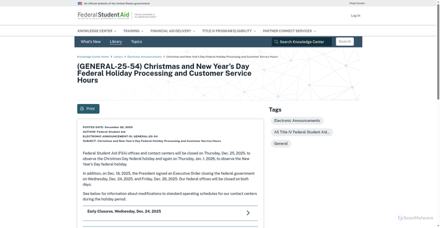 Security scan screenshot of https://fsapartners.ed.gov/knowledge-center/library/electronic-announcements/2025-12-22/christmas-and-new-years-day-federal-holiday-processing-and-customer-service-hours