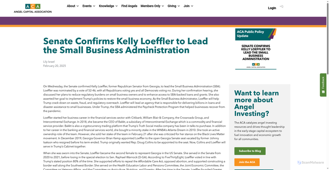 Security scan screenshot of https://angelcapitalassociation.org/blog/senate-confirms-kelly-loeffler-to-lead-the-small-business-administration/