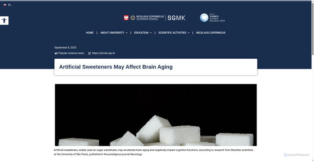 Security scan screenshot of https://www.sgmk.edu.pl/artificial-sweeteners-may-affect-brain-aging/