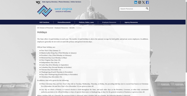 Security scan screenshot of https://personnel.wv.gov/employees/benefits/pages/holidays.aspx