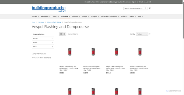 Security scan screenshot of https://buildingproductsonline.com.au/hardware/waterproofing-flashing/vespol-flashing-and-dampcourse/