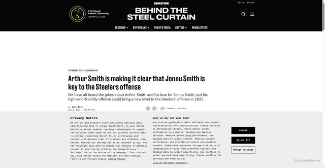 Security scan screenshot of https://www.behindthesteelcurtain.com/2025/8/1/24479159/arthur-smith-is-making-it-clear-this-player-is-the-key-to-the-steelers-offense-for-2025-jonnu-smith