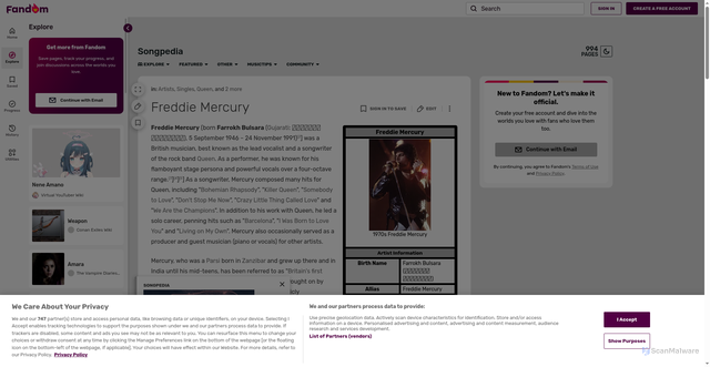 Security scan screenshot of https://songpedia.fandom.com/wiki/Freddie_Mercury